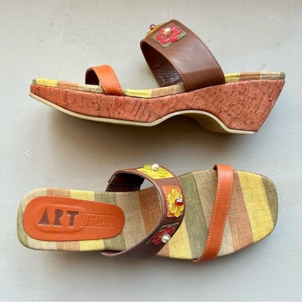 Art Effects‎ Orange Brown Yellow Boho Olive Green Striped Sandals Women’s 7
